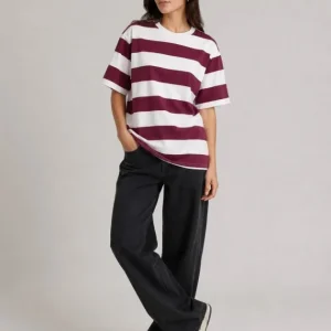 Çizgili Oversize Tişört Bisiklet Yaka Kısa Kol Yazlık T-Shirt - Bordo