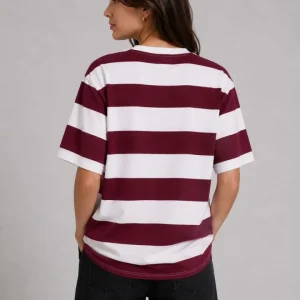 Alternative view of Çizgili Oversize Tişört Bisiklet Yaka Kısa Kol Yazlık T-Shirt - Bordo