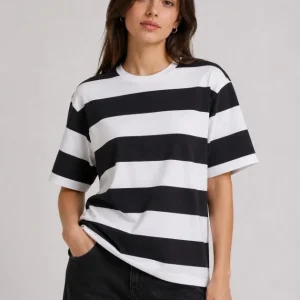 Çizgili Oversize Tişört Bisiklet Yaka Kısa Kol Yazlık T-Shirt - Siyah