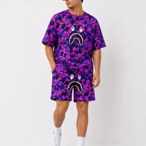 Erkek Oversize Kalıp Pubg Bape X Shark Nakışlı Cepli Şort Takım - Mor