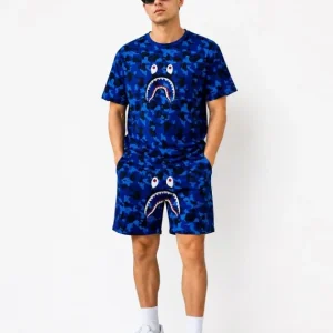 Erkek Oversize Kalıp Pubg Bape X Shark Nakışlı Cepli Şort Takım - Mavi