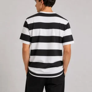 Alternative view of Erkek Çizgili Oversize Tişört Bisiklet Yaka Kısa Kol Yazlık T-Shirt - Siyah