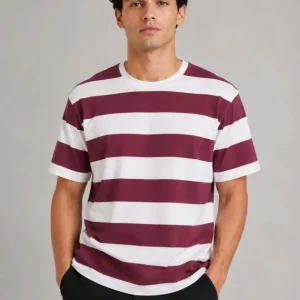Erkek Çizgili Oversize Tişört Bisiklet Yaka Kısa Kol Yazlık T-Shirt - Bordo