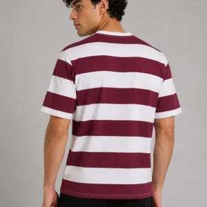 Alternative view of Erkek Çizgili Oversize Tişört Bisiklet Yaka Kısa Kol Yazlık T-Shirt - Bordo