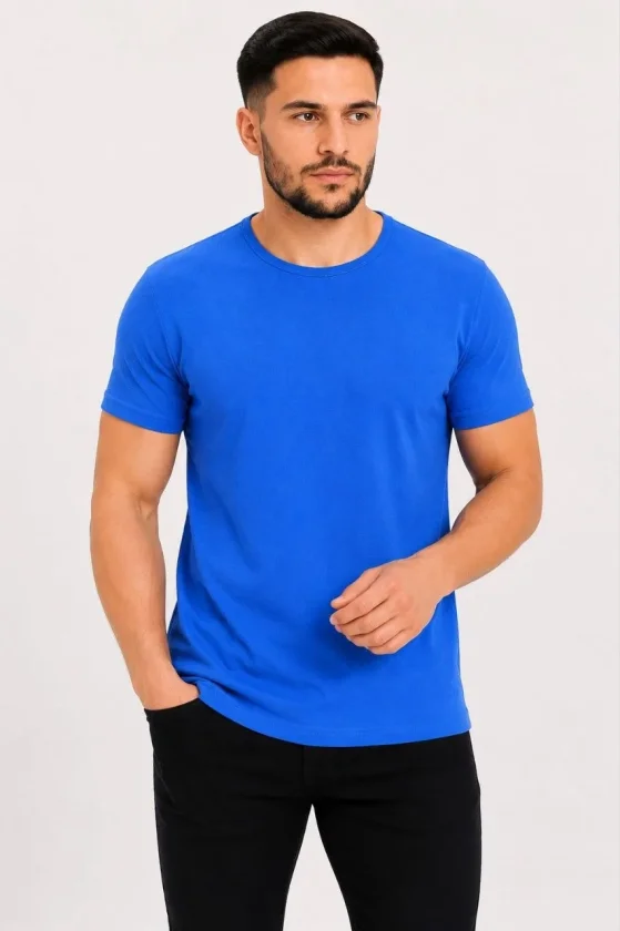 Erkek Basic Tişört Bisiklet Yaka Kısa Kol Günlük Yazlık Slim Fit T-Shirt - Saks Mavisi - Görsel 4