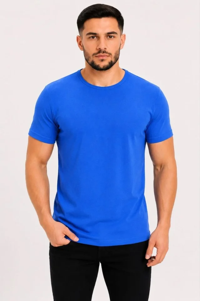 Erkek Basic Tişört Bisiklet Yaka Kısa Kol Günlük Yazlık Slim Fit T-Shirt - Saks Mavisi - Görsel 2