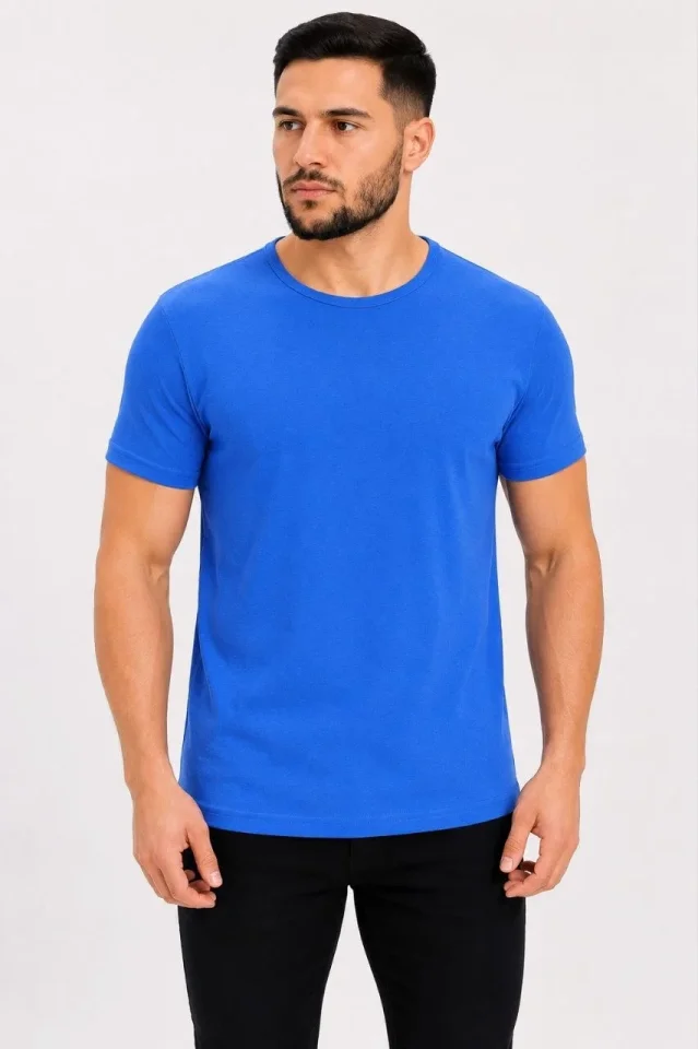 Erkek Basic Tişört Bisiklet Yaka Kısa Kol Günlük Yazlık Slim Fit T-Shirt - Saks Mavisi - Görsel 3