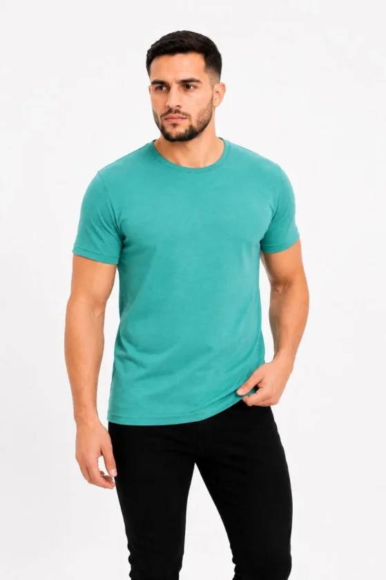 Erkek Basic Tişört Bisiklet Yaka Kısa Kol Günlük Yazlık Slim Fit T-Shirt - Su Yeşili