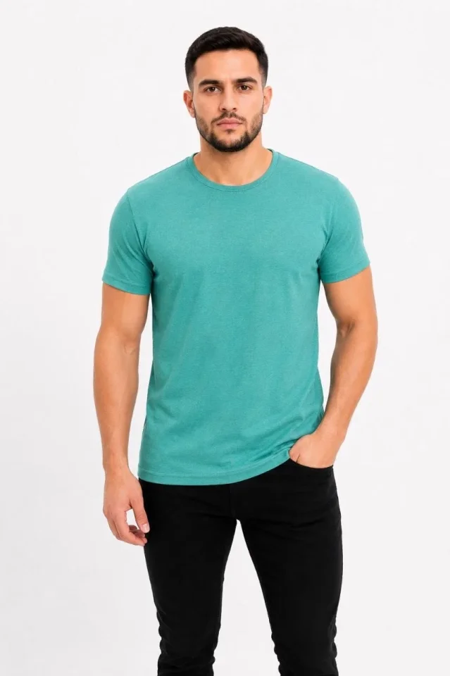 Erkek Basic Tişört Bisiklet Yaka Kısa Kol Günlük Yazlık Slim Fit T-Shirt - Su Yeşili - Görsel 2