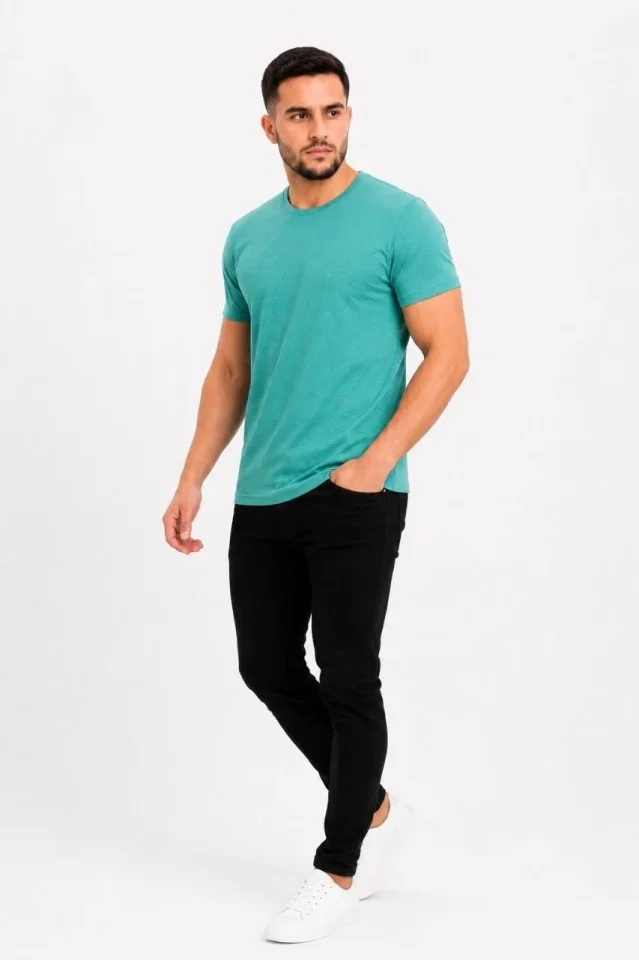 Erkek Basic Tişört Bisiklet Yaka Kısa Kol Günlük Yazlık Slim Fit T-Shirt - Su Yeşili - Görsel 3