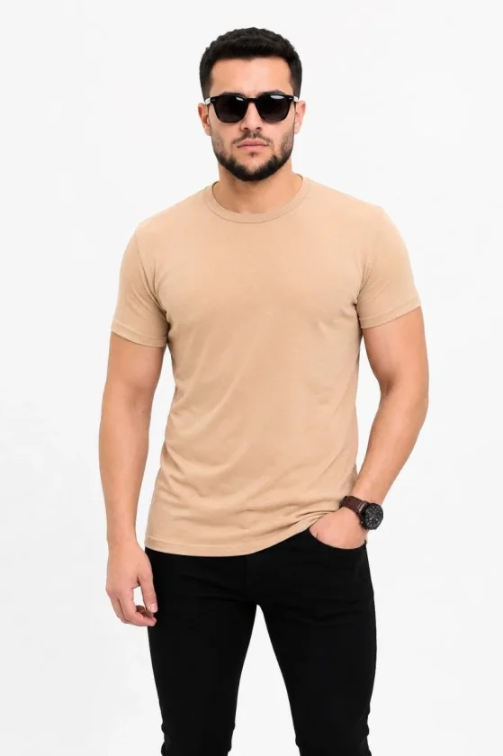 Erkek Basic Tişört Bisiklet Yaka Kısa Kol Günlük Yazlık Slim Fit T-Shirt - Bej - Görsel 4