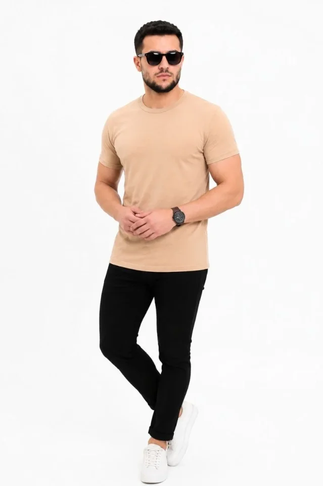 Erkek Basic Tişört Bisiklet Yaka Kısa Kol Günlük Yazlık Slim Fit T-Shirt - Bej - Görsel 2