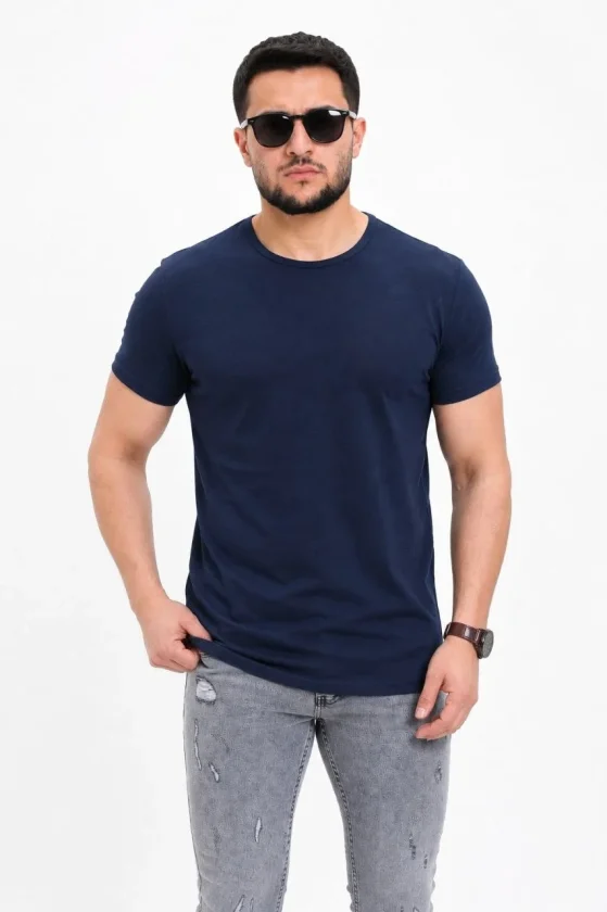 Erkek Basic Tişört Bisiklet Yaka Kısa Kol Günlük Yazlık Slim Fit T-Shirt - Lacivert - Görsel 4