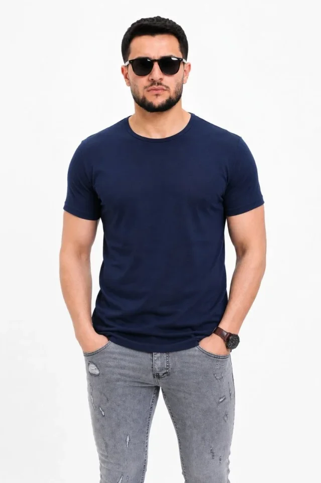 Erkek Basic Tişört Bisiklet Yaka Kısa Kol Günlük Yazlık Slim Fit T-Shirt - Lacivert - Görsel 2