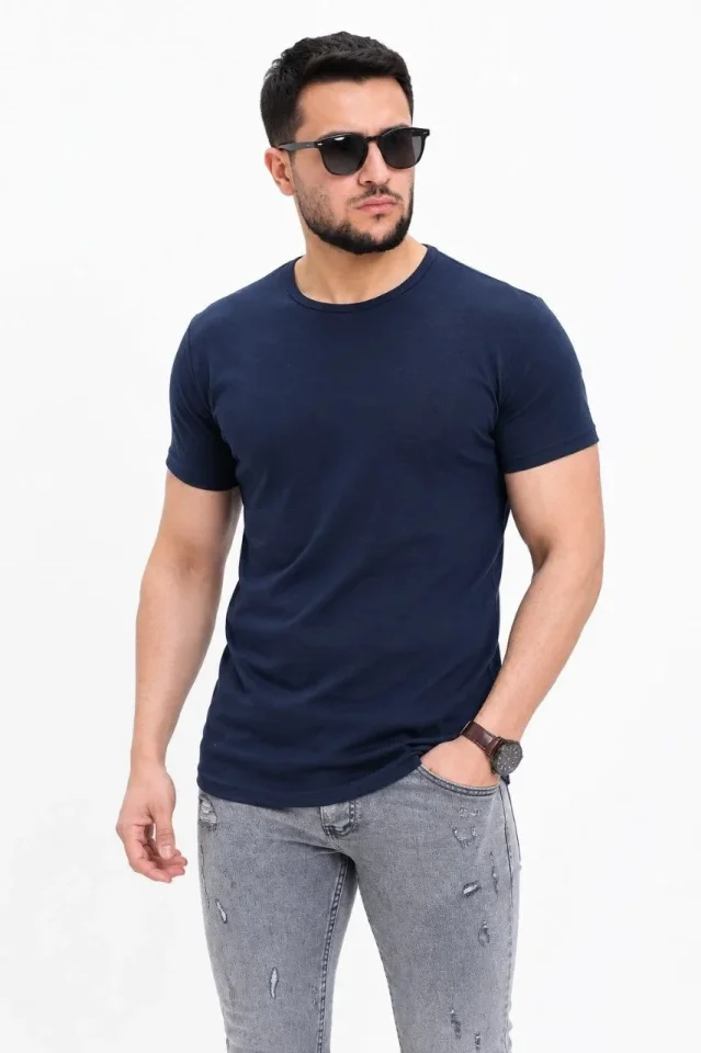 Erkek Basic Tişört Bisiklet Yaka Kısa Kol Günlük Yazlık Slim Fit T-Shirt - Lacivert - Görsel 3