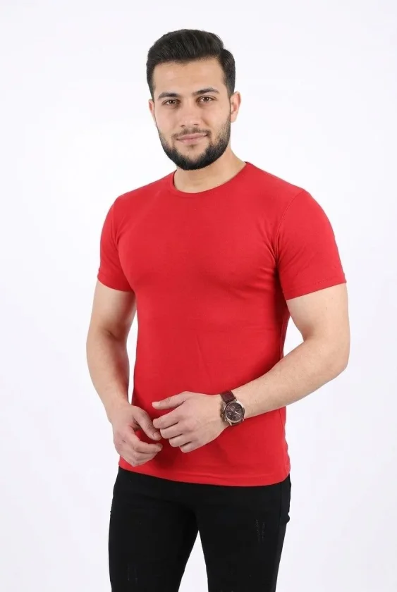 Erkek Basic Tişört Bisiklet Yaka Kısa Kol Günlük Yazlık Slim Fit T-Shirt - Kırmızı - Görsel 4