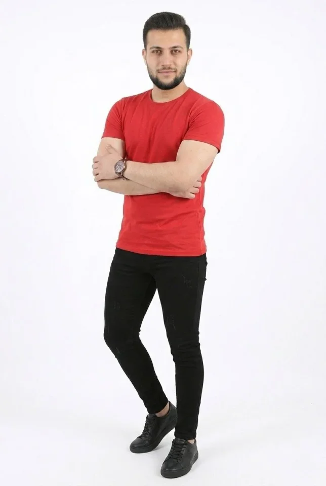 Erkek Basic Tişört Bisiklet Yaka Kısa Kol Günlük Yazlık Slim Fit T-Shirt - Kırmızı - Görsel 2