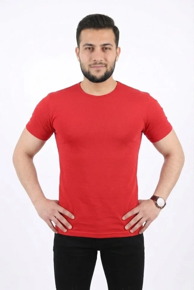 Erkek Basic Tişört Bisiklet Yaka Kısa Kol Günlük Yazlık Slim Fit T-Shirt - Kırmızı - Görsel 3