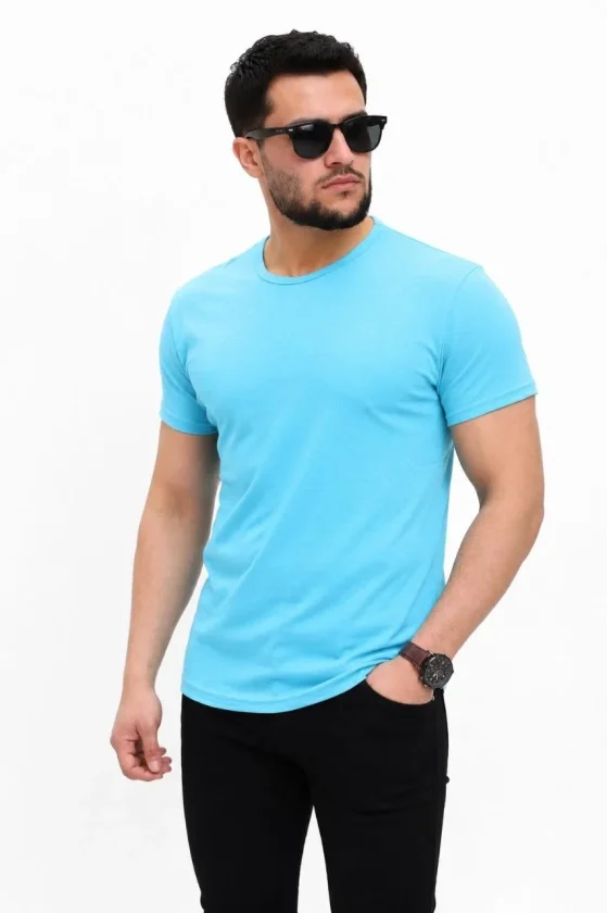 Erkek Basic Tişört Bisiklet Yaka Kısa Kol Günlük Yazlık Slim Fit T-Shirt - Açık Mavi - Görsel 3