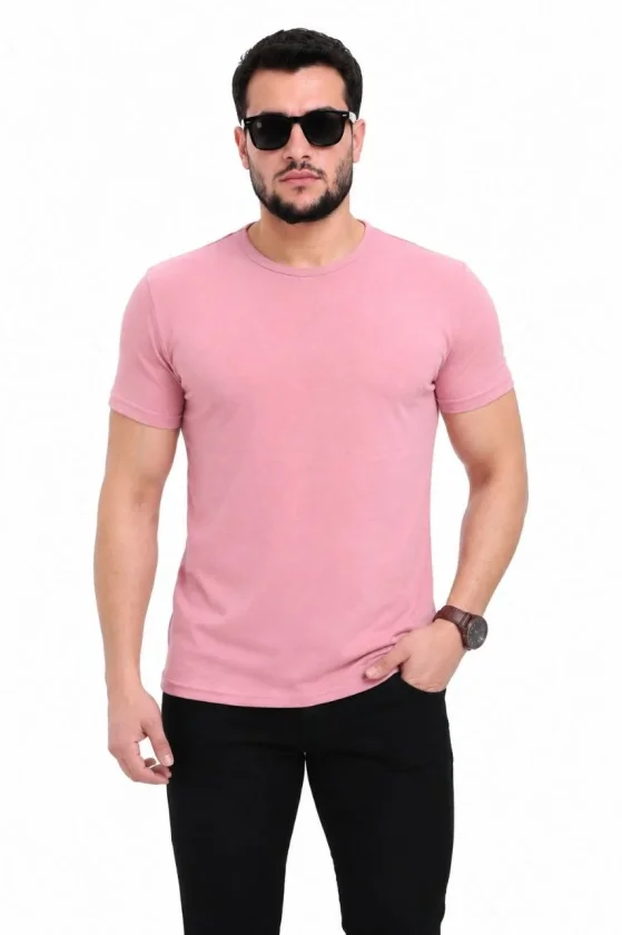 Erkek Basic Tişört Bisiklet Yaka Kısa Kol Günlük Yazlık Slim Fit T-Shirt - Pembe - Görsel 4