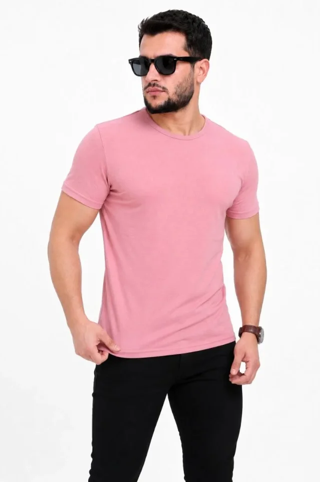 Erkek Basic Tişört Bisiklet Yaka Kısa Kol Günlük Yazlık Slim Fit T-Shirt - Pembe - Görsel 3