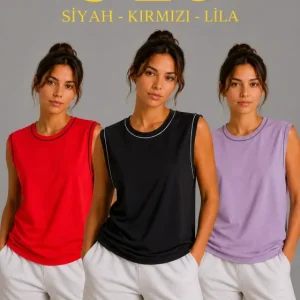 3’lü Kolsuz Sporcu Atlet Seti Yazlık Bisiklet Yaka - Siyah, Kırmızı, Lila