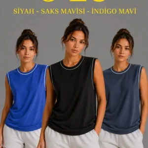3’lü Kolsuz Sporcu Atlet Seti Yazlık Bisiklet Yaka - Siyah, Saks Mavisi, İndigo