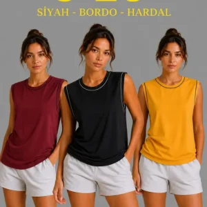 3’lü Kolsuz Sporcu Atlet Seti Yazlık Bisiklet Yaka - Siyah, Bordo, Hardal