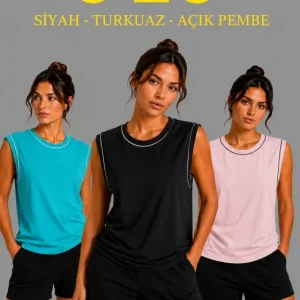 3’lü Kolsuz Sporcu Atlet Seti Yazlık Bisiklet Yaka - Siyah, Turkuaz, Pembe