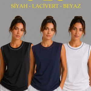 3’lü Kolsuz Sporcu Atlet Seti Yazlık Bisiklet Yaka - Siyah, Lacivert, Beyaz