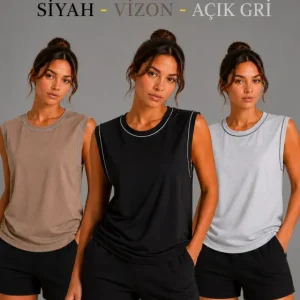 3’lü Kolsuz Sporcu Atlet Seti Yazlık Bisiklet Yaka - Siyah, Kahverengi, Gri