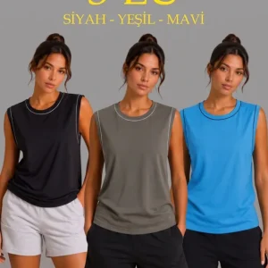 3’lü Kolsuz Sporcu Atlet Seti Yazlık Bisiklet Yaka - Siyah, Haki, Mavi