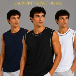 Erkek 3’lü Kolsuz Sporcu Atlet Seti Yazlık Bisiklet Yaka - Siyah, Lacivert, Beyaz