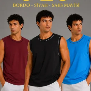 Erkek 3’lü Kolsuz Sporcu Atlet Seti Yazlık Bisiklet Yaka - Siyah, Bordo, Turkuaz