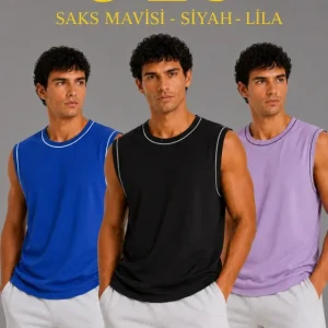 Erkek 3’lü Kolsuz Sporcu Atlet Seti Yazlık Bisiklet Yaka - Siyah, Lila, Saks Mavisi