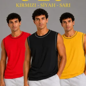 Erkek 3’lü Kolsuz Sporcu Atlet Seti Yazlık Bisiklet Yaka - Siyah, Kırmızı, Sarı