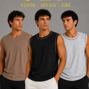 Erkek 3’lü Kolsuz Sporcu Atlet Seti Yazlık Bisiklet Yaka - Siyah, Kahverengi, Gri