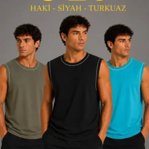 Erkek 3’lü Kolsuz Sporcu Atlet Seti Yazlık Bisiklet Yaka - Siyah, Haki, Açık Mavi