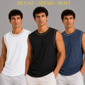 Erkek 3’lü Kolsuz Sporcu Atlet Seti Yazlık Bisiklet Yaka - Siyah, Beyaz, İndigo