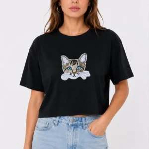 Kedi Baskılı Oversize Crop Tişört Salaş Basic Yarım Kol T-shirt - Siyah