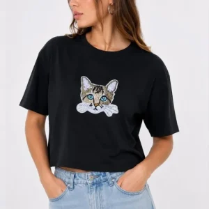 Alternative view of Kedi Baskılı Oversize Crop Tişört Salaş Basic Yarım Kol T-shirt - Siyah