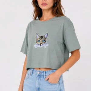 Kedi Baskılı Oversize Crop Tişört Salaş Basic Yarım Kol T-shirt - Mint Yeşili