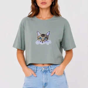 Alternative view of Kedi Baskılı Oversize Crop Tişört Salaş Basic Yarım Kol T-shirt - Mint Yeşili