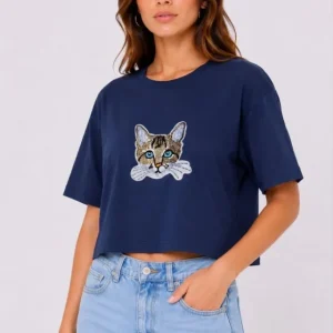 Kedi Baskılı Oversize Crop Tişört Salaş Basic Yarım Kol T-shirt - Lacivert