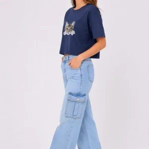 Alternative view of Kedi Baskılı Oversize Crop Tişört Salaş Basic Yarım Kol T-shirt - Lacivert
