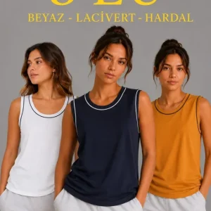 3’lü Kolsuz Sporcu Atlet Seti Yazlık Bisiklet Yakalı - Beyaz, Lacivert, Hardal