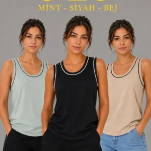 3’lü Kolsuz Sporcu Atlet Seti Yazlık Bisiklet Yakalı - Mint Yeşili, Siyah, Bej