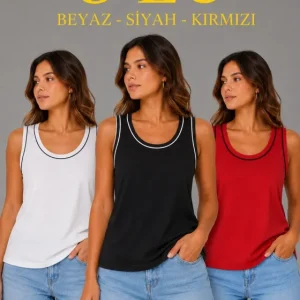3’lü Kolsuz Sporcu Atlet Seti Yazlık Bisiklet Yakalı - Beyaz, Siyah, Kırmızı