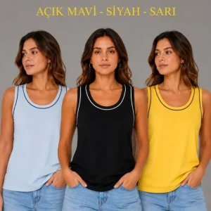 3’lü Kolsuz Sporcu Atlet Seti Yazlık Bisiklet Yakalı - Sarı, Siyah, Bebe Mavisi