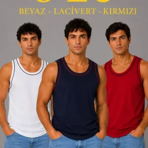 Erkek 3’lü Kolsuz Sporcu Atlet Seti Yazlık Bisiklet Yakalı - Lacivert, Kırmızı, Beyaz